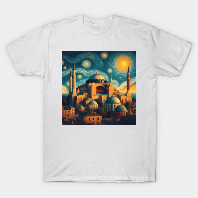 Hagia Sophia, Istanbul, Turkey, in the style of Vincent van Gogh's Starry Night T-Shirt by CreativeSparkzz